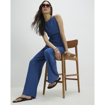 Blue Wide Leg Denim Jumpsuit