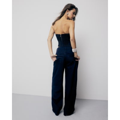 Blue Wide Leg Diamante Embellished Jeans