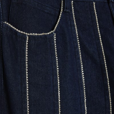 Blue Wide Leg Diamante Embellished Jeans