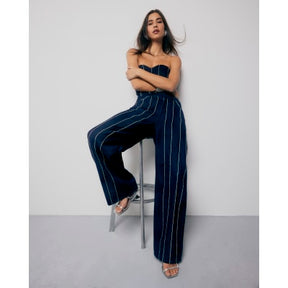 Blue Wide Leg Diamante Embellished Jeans