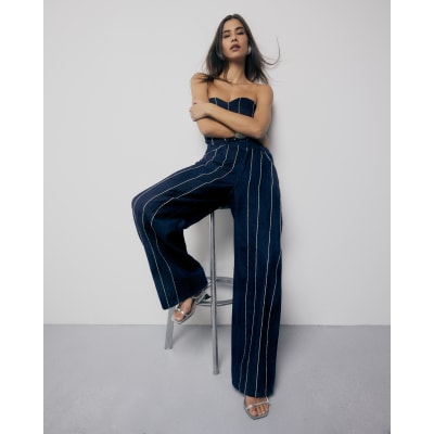 Blue Wide Leg Diamante Embellished Jeans