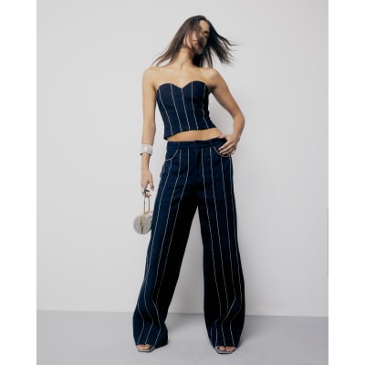 Blue Wide Leg Diamante Embellished Jeans