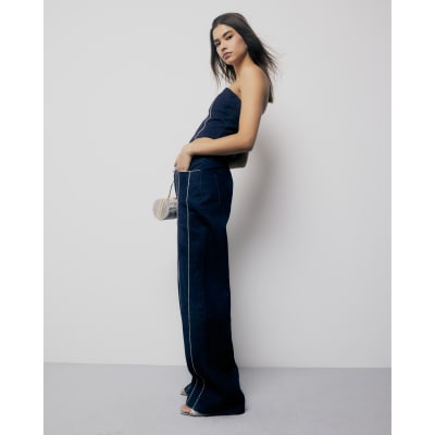 Blue Wide Leg Diamante Embellished Jeans