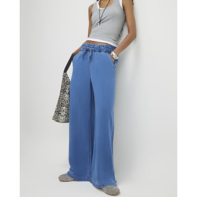 Blue Wide Leg Paperbag Jeans