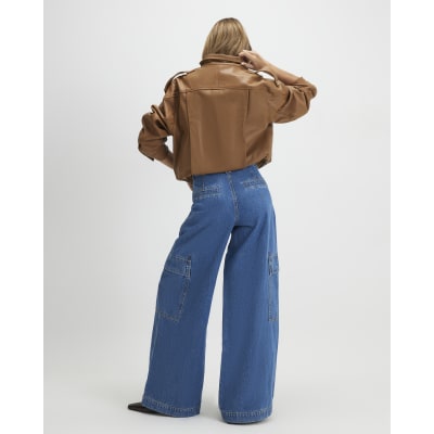 Blue Wide Leg Pleated Cargo Pocket Jeans