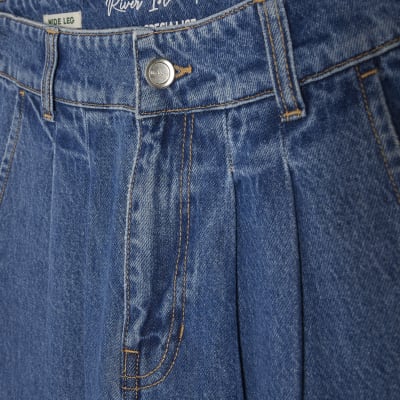 Blue Wide Leg Pleated Cargo Pocket Jeans