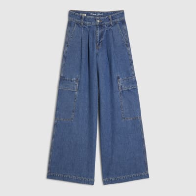 Blue Wide Leg Pleated Cargo Pocket Jeans