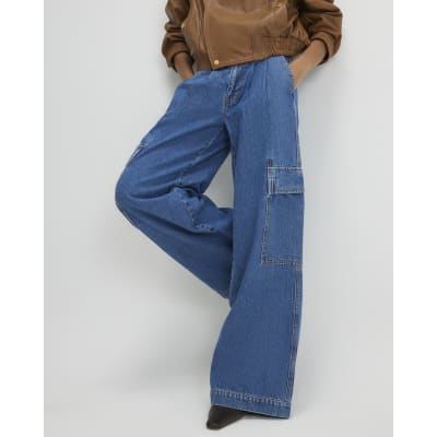 Blue Wide Leg Pleated Cargo Pocket Jeans