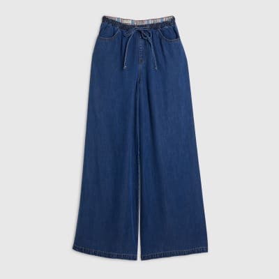 Blue Wide Leg Pyjama Style Drawstring Jeans