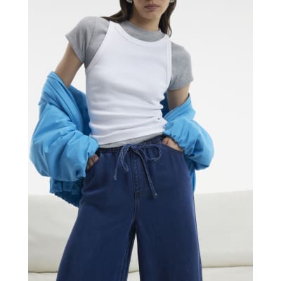 Blue Wide Leg Pyjama Style Drawstring Jeans