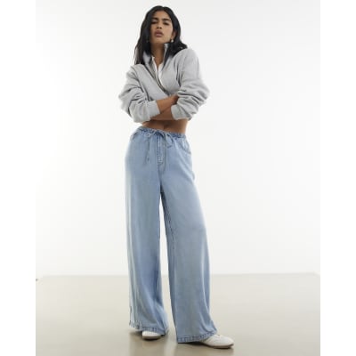 Blue Wide Leg Pyjama Style Drawstring Jeans