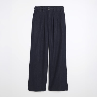 Blue Wide Leg Tie Front Jeans