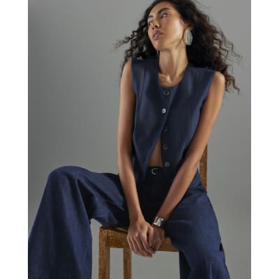 Blue Wide Leg Tie Front Jeans