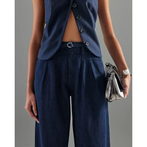 Blue Wide Leg Tie Front Jeans