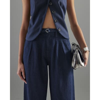 Blue Wide Leg Tie Front Jeans