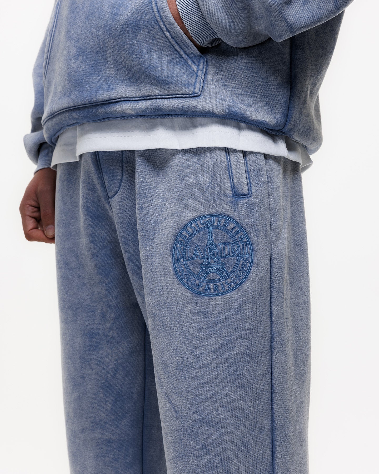 Magiri Embroidered Acid Wash Joggers in Washed Blue