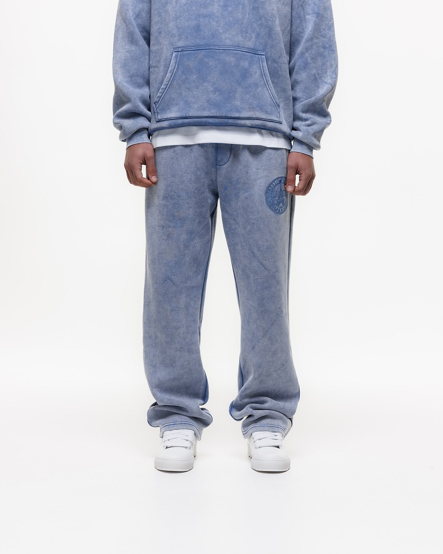 Magiri Embroidered Acid Wash Joggers in Washed Blue