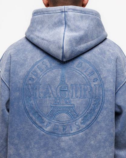 Magiri Embroidered Acid Wash Hoodie in Washed Blue
