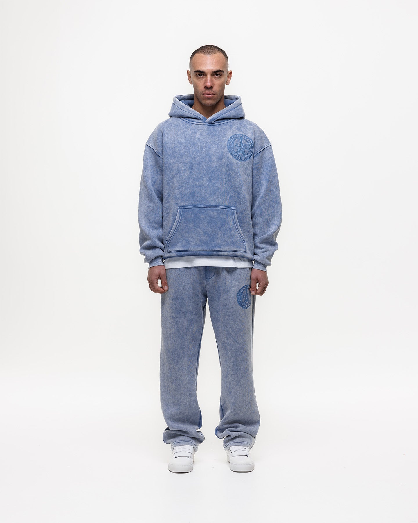 Magiri Embroidered Acid Wash Hoodie & Jogger Tracksuit in Washed Blue