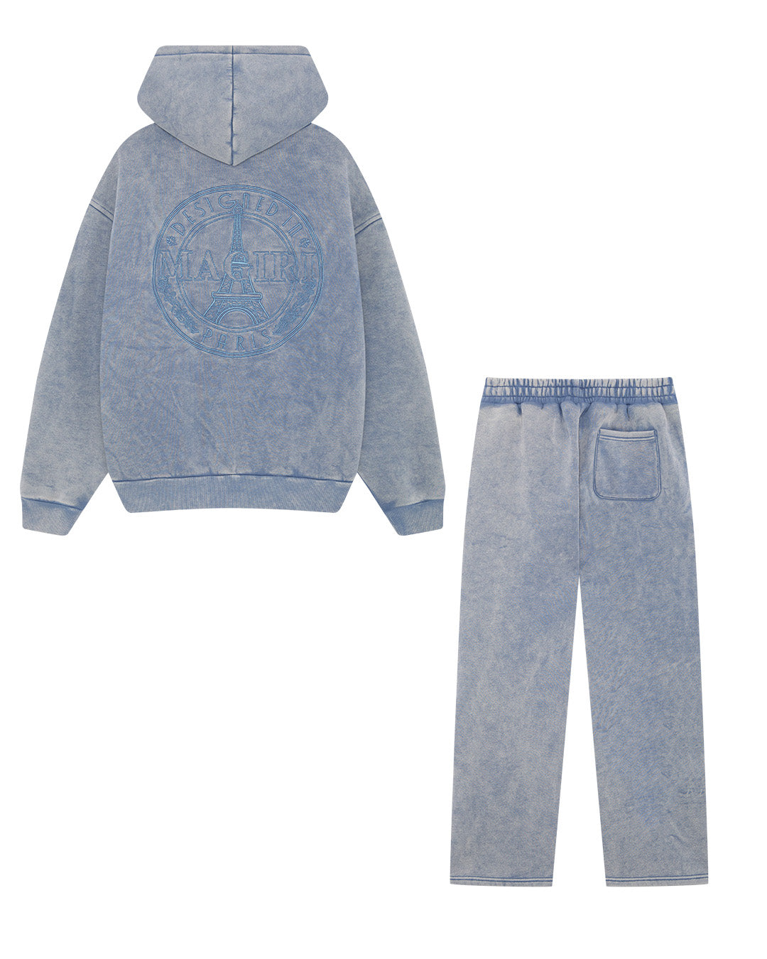 Magiri Embroidered Acid Wash Hoodie & Jogger Tracksuit in Washed Blue
