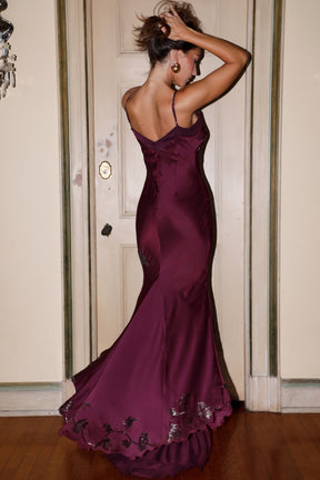 Anastelle plum hand beaded embellished satin maxi gown - limited edition