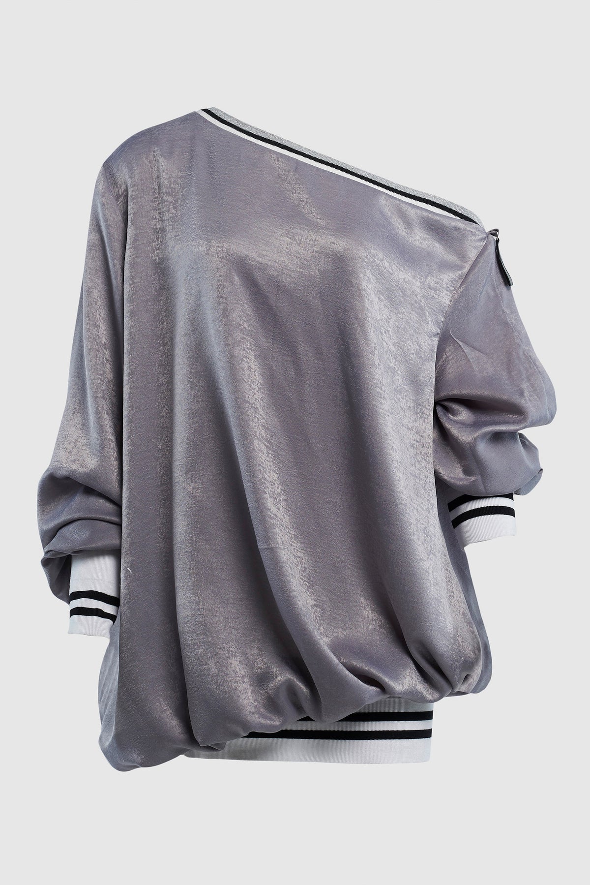 OFF THE SHOULDER SATIN BOMBER SWEATER