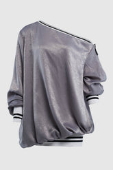 OFF THE SHOULDER SATIN BOMBER SWEATER