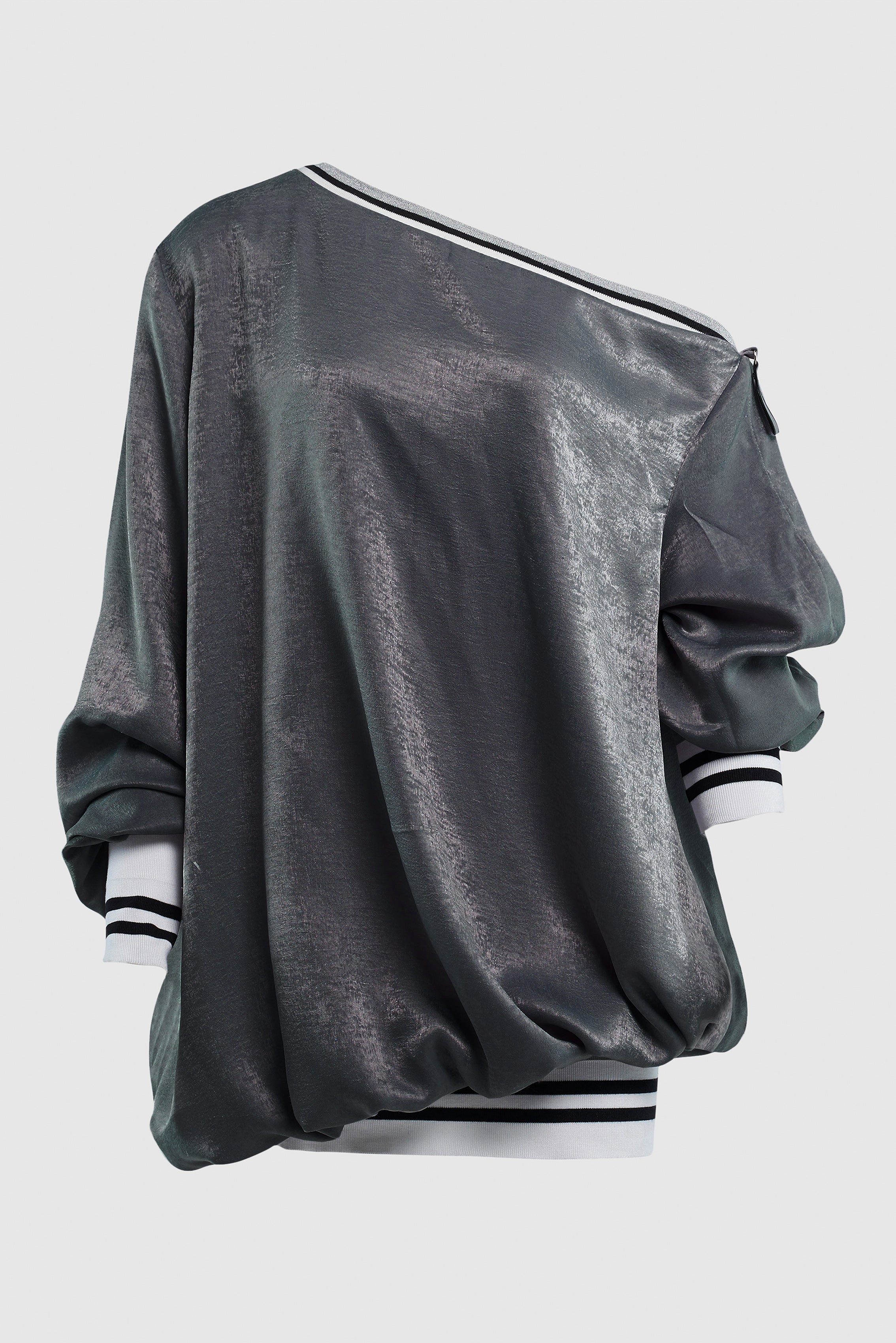 OFF THE SHOULDER SATIN BOMBER SWEATER