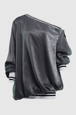 OFF THE SHOULDER SATIN BOMBER SWEATER