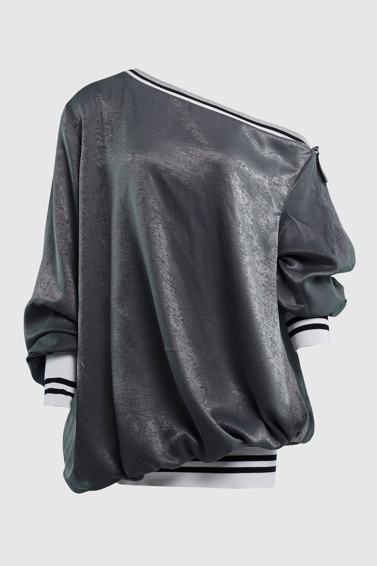OFF THE SHOULDER SATIN BOMBER SWEATER