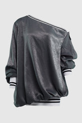 OFF THE SHOULDER SATIN BOMBER SWEATER