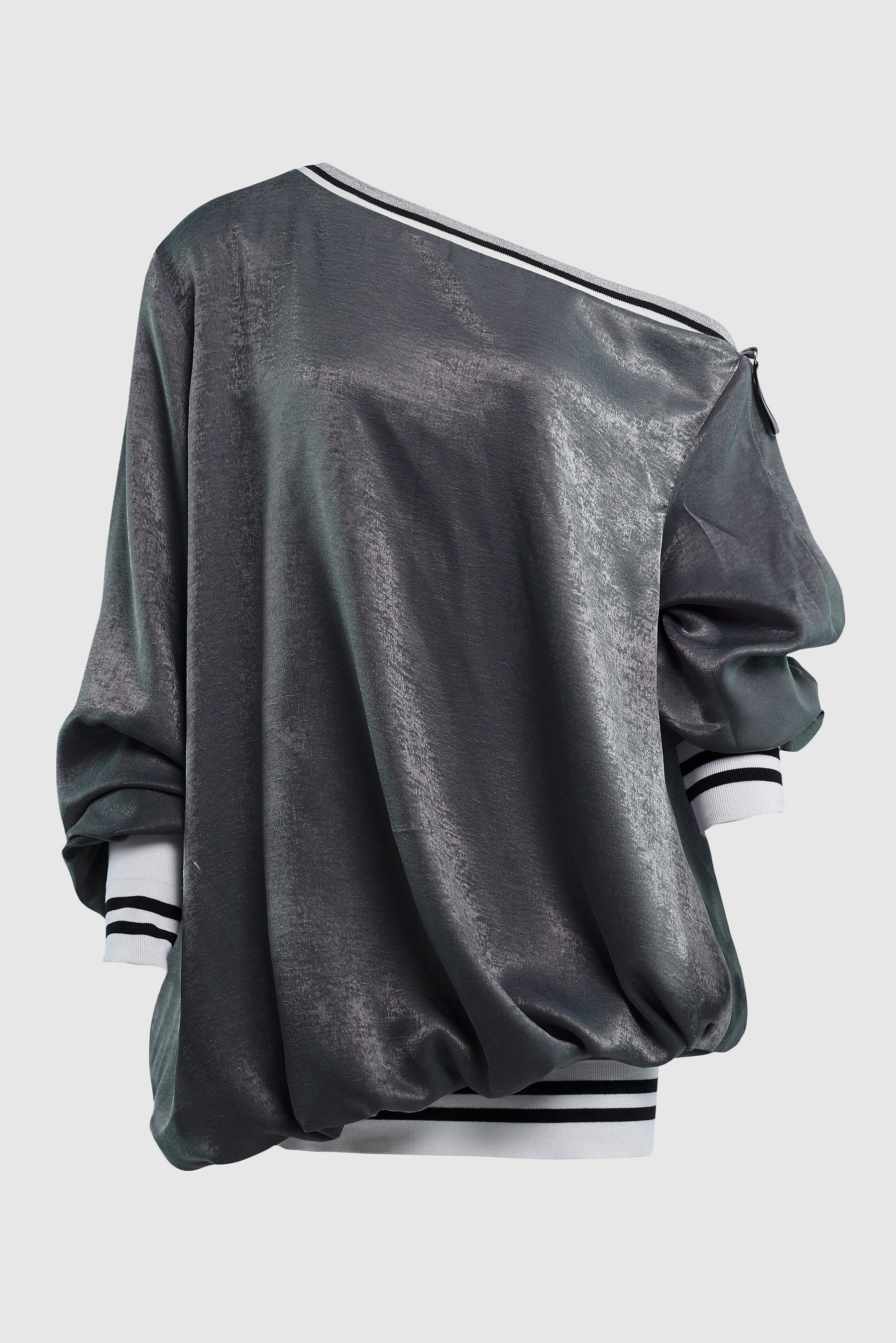 OFF THE SHOULDER SATIN BOMBER SWEATER