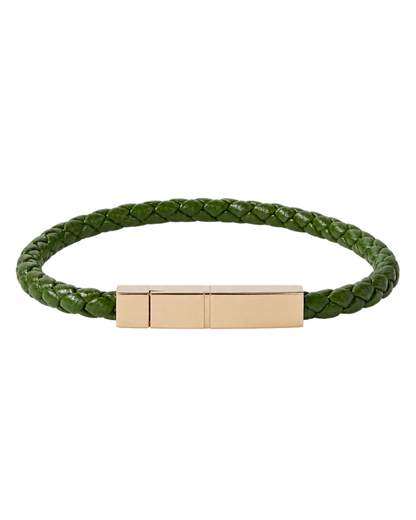 Braided Leather and Gold-Plated Bracelet - Green