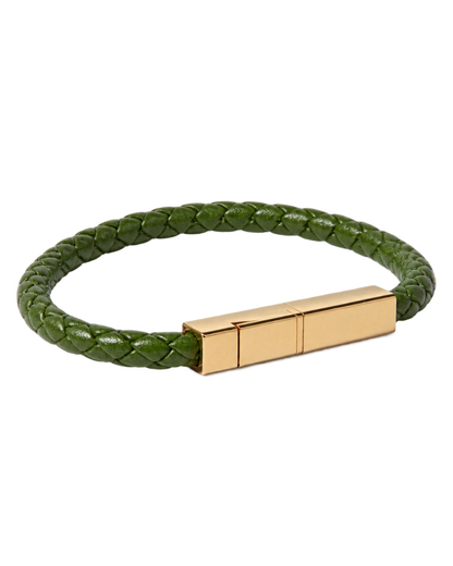 Braided Leather and Gold-Plated Bracelet - Green