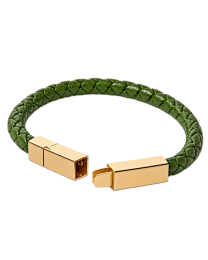 Braided Leather and Gold-Plated Bracelet - Green