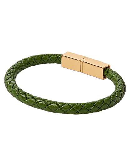Braided Leather and Gold-Plated Bracelet - Green