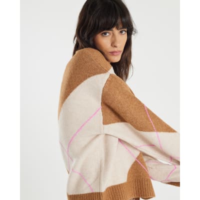 Brown Argyle V Neck Knit Jumper