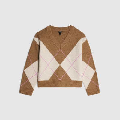 Brown Argyle V Neck Knit Jumper
