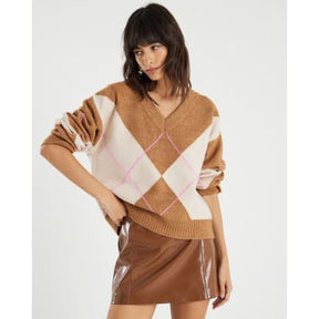 Brown Argyle V Neck Knit Jumper