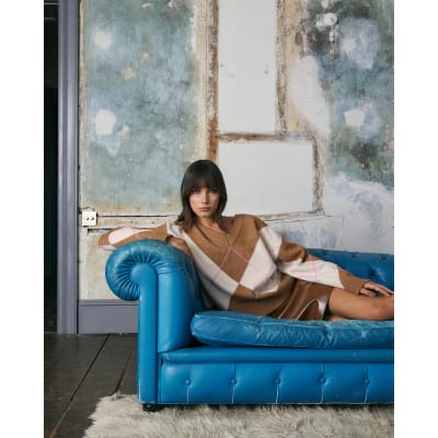 Brown Argyle V Neck Knit Jumper