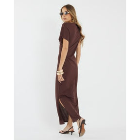 Brown Asymmetrical Ribbed Midi Dress