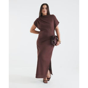Brown Asymmetrical Ribbed Midi Dress