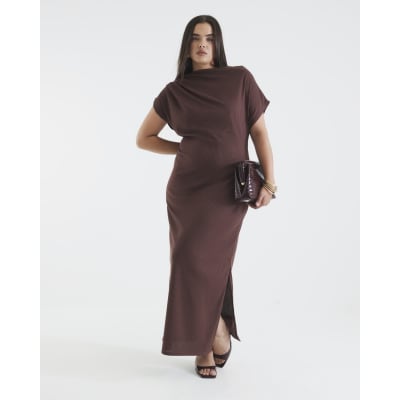 Brown Asymmetrical Ribbed Midi Dress