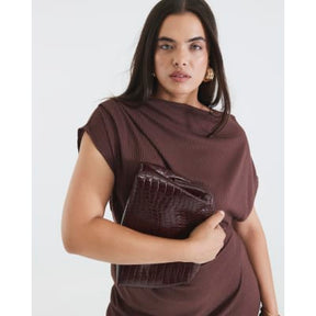 Brown Asymmetrical Ribbed Midi Dress