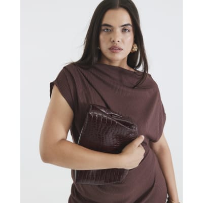 Brown Asymmetrical Ribbed Midi Dress