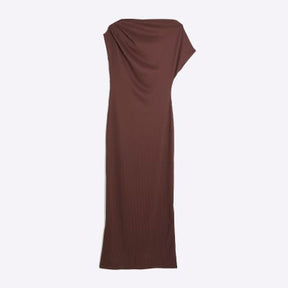 Brown Asymmetrical Ribbed Midi Dress