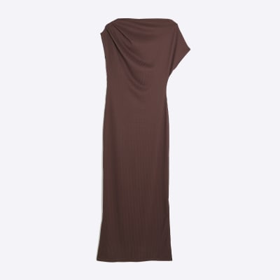 Brown Asymmetrical Ribbed Midi Dress