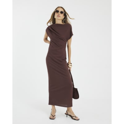 Brown Asymmetrical Ribbed Midi Dress