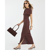 Brown Asymmetrical Ribbed Midi Dress