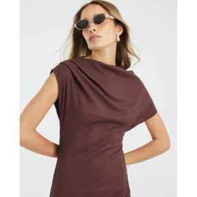 Brown Asymmetrical Ribbed Midi Dress